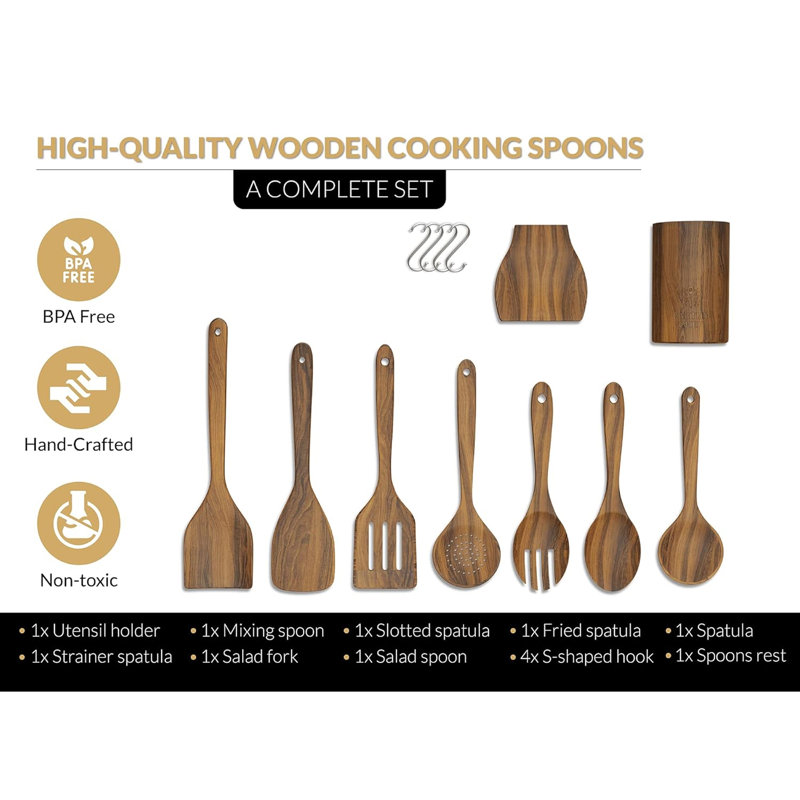 Ensemble d'ustensiles de cuisine en bois 9 pièces, antiadhésif, respectueux de l'environnement