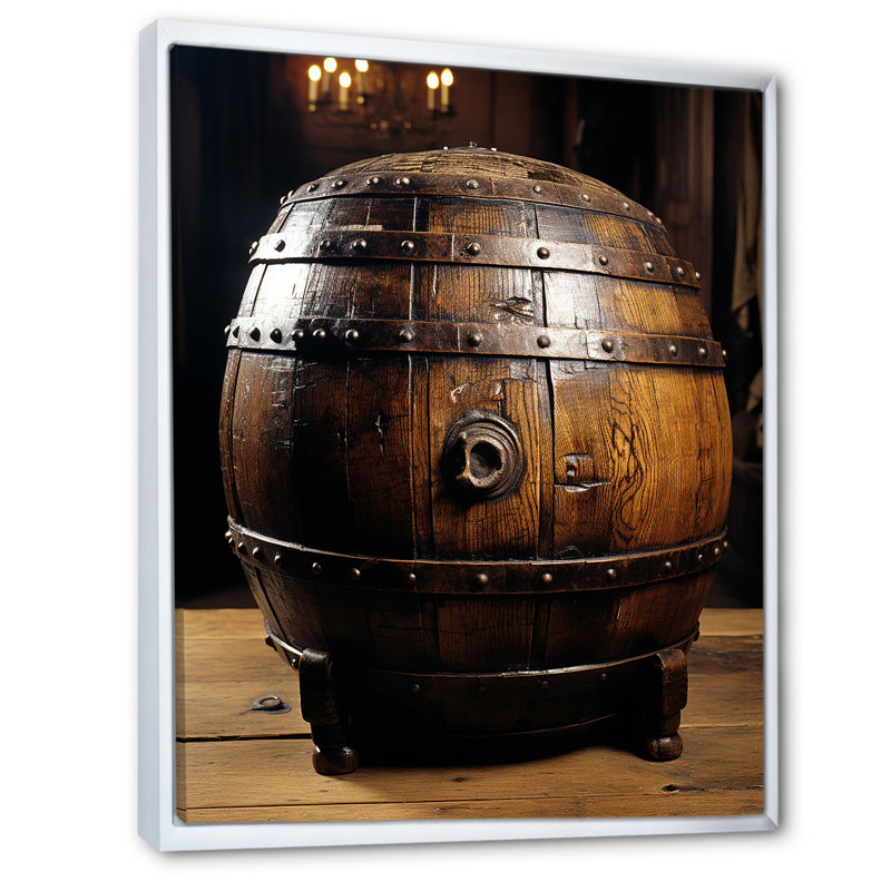 Tonneau de vin en bois brun - art mural vin, Cadre flottant blanc, H 40 po x l 30 po x P 1,5 po