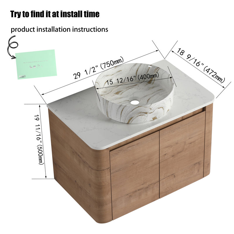 Meuble-lavabo flottant mural 30 po avec comptoir en quartz