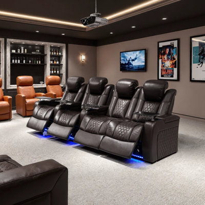 Fauteuil inclinable électrique de 124,4 po pour 4 personnes fabriqué avec nappa de grain supérieur, relaxation entièrement réglable, charge intelligente, éclairage DEL RVB dynamique, CAFÉ