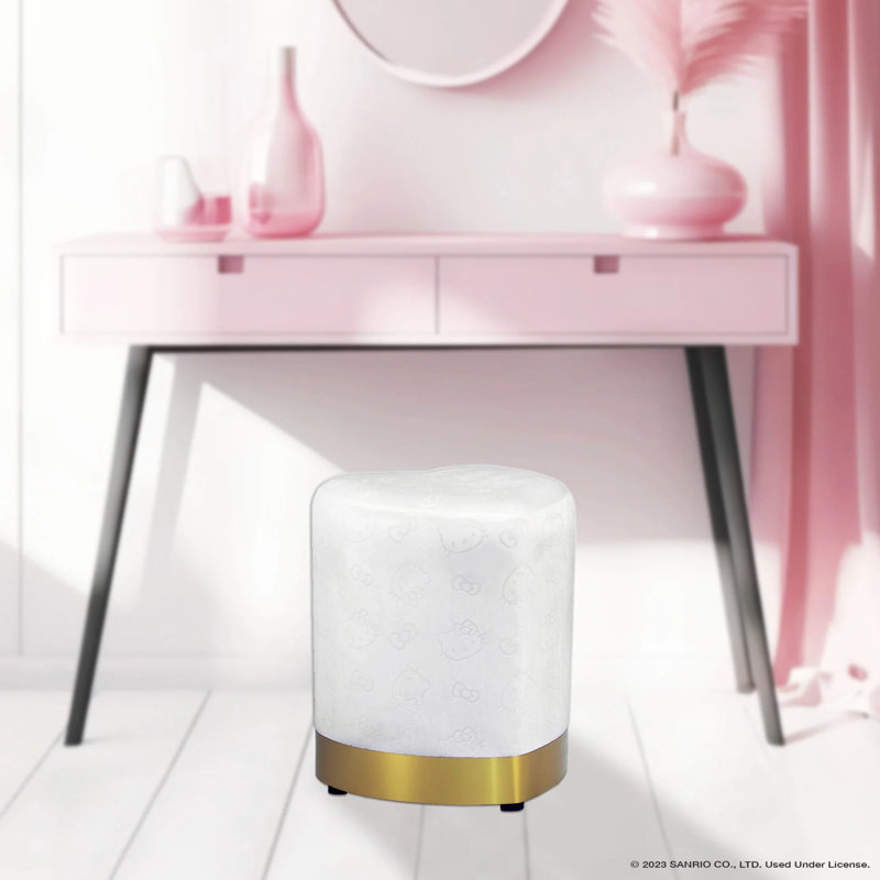 Nahara Hello Kitty Heart Vanity Ottoman Chair, Velvet Foam Padded Makeup Stool with Stainless Steel Base, White Velvet