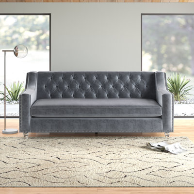 Marlowe Velvet Button Tufted  Lucite Acrylic Legs Sofa