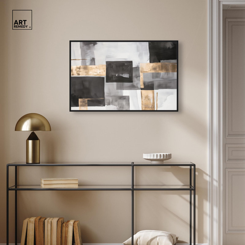 «Graphite and Glimmer I», art mural Boho par Art Remedy, H 21 po x l 31 po, Cadre flottant, Noir