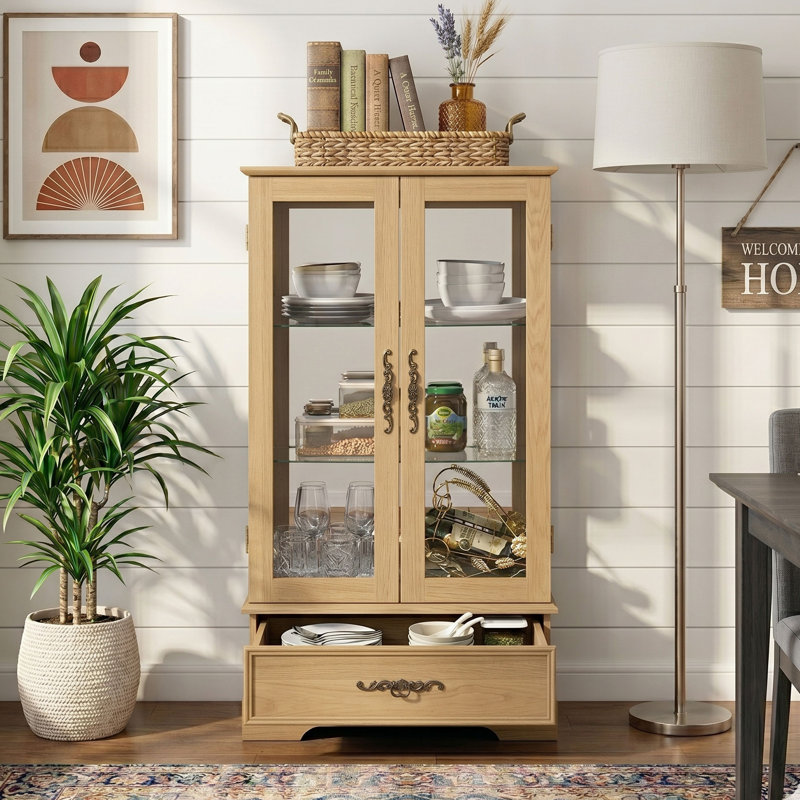 Eyisean 47" Curio Cabinet, Vintage Glass Display Cabinet with 3-Tier Adjustable Glass Shelves, Acrylic Mirrored Back Pane, Light Blub Included, Elegant Design China Cabinet for Living Room, Study Room, Kitchen