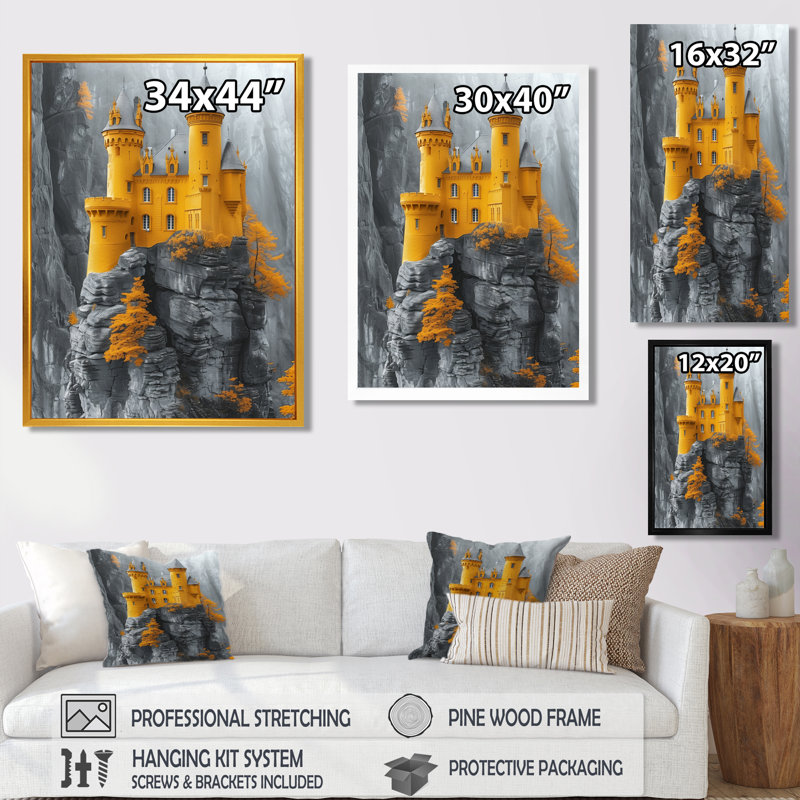 Décoration murale château fort en montagne III - Châteaux, Toile avec cadre flottant brun, H 44 po x l 34 po x P 1,5 po