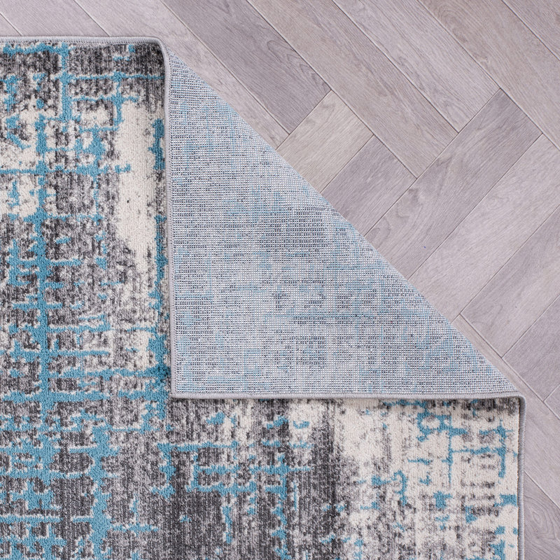 Rambo Abstract Ivory/Gray/Blue Area Rug, Runner 2' x 7'