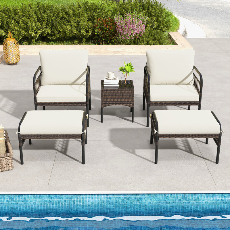 5 Piece Garden Furniture Set Patio Wicker Chairs Table Set W/ Ottomans