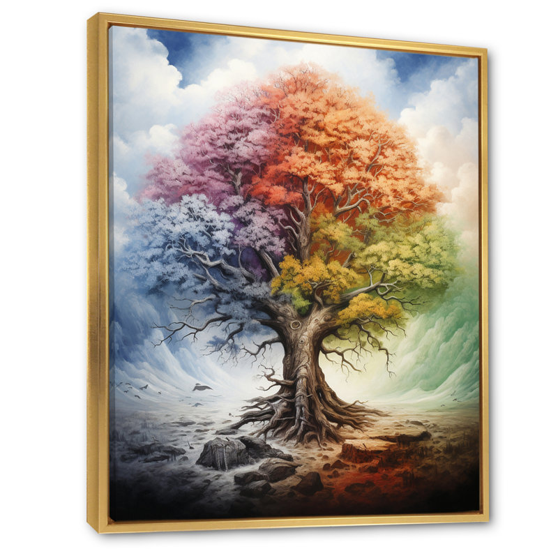 «Tree of Life All Seasons I - Trees», reproduction d'art sur toile encadrée, H 20 po x l 12 po x P 1 po, Cadre flottant doré