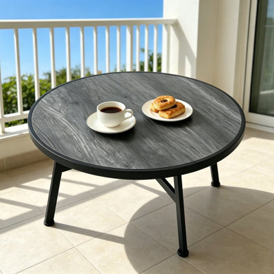 Table basse ronde, table basse à plateau en grain de bois gris de 82 cm avec pieds en trépied en métal stable, table d'appoint circulaire de 40 cm de hauteur pour le café, les collations, les magazines, le patio du salon