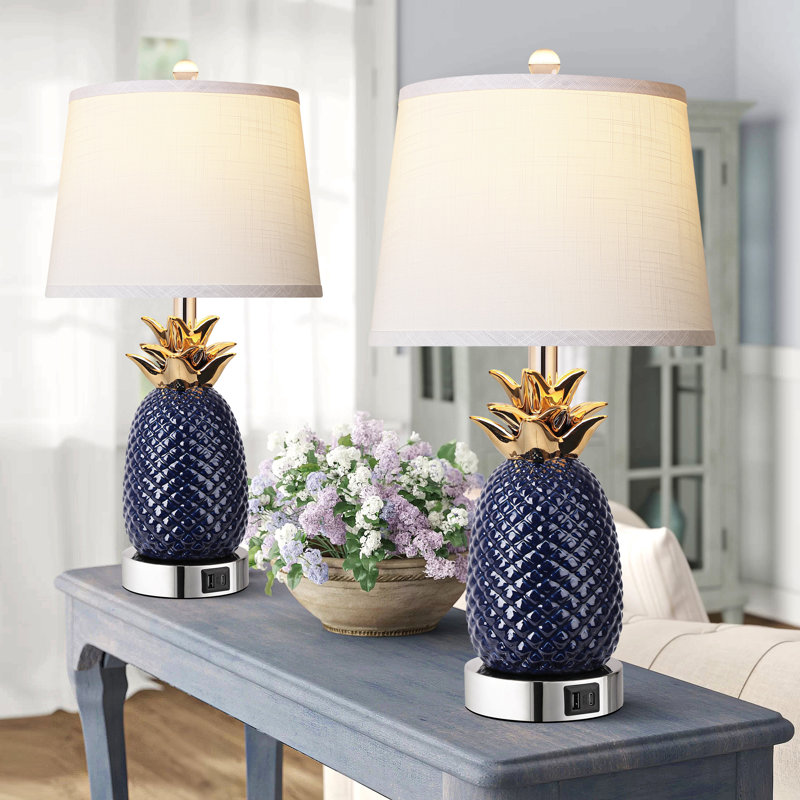 Ensemble de 2 lampes de table 22 "en forme d'ananas, 2 lampes de table en céramique à intensité variable 3 voies pour le salon, lampe de table moderne bleu marine avec port USB, grandes lampes de table côtières pour la chambre à coucher, le bureau personnel et les ampoules incluses