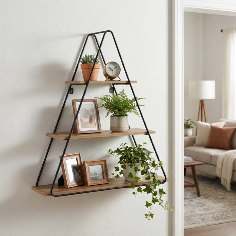 Geometric Metal and Wood Triangular Wall Shelf Storage for Entryway Decor - Accent Wall Organizer Shelf for Living Room or Home Display - 26"
