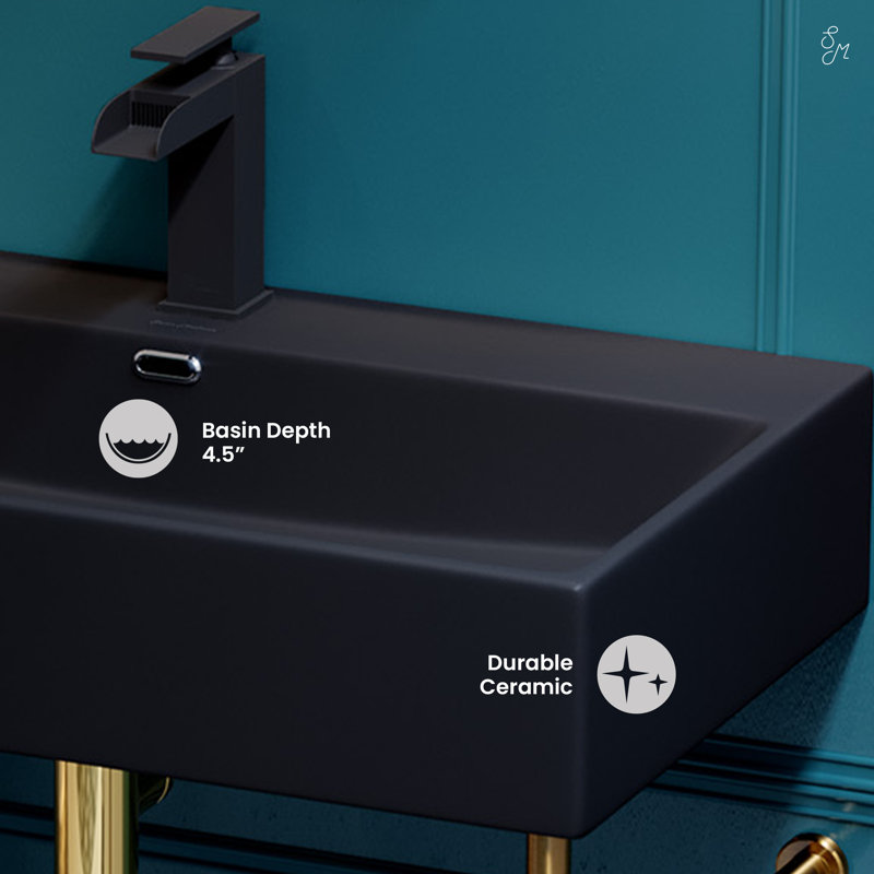 Claire 30" Ceramic Console Sink White Basin, Black/Brushed Gold