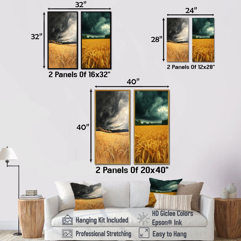 «Countryside Golden Wheat Under Storm Clouds I», collection d'art sur toile 2 panneaux, H 28 po x l 25 po
