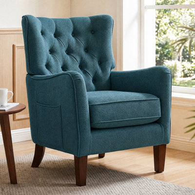 Button-Tufted Horn-Back Armchair, Accent Chair with Padded Cushion, Side Pocket and Solid Wood Legs