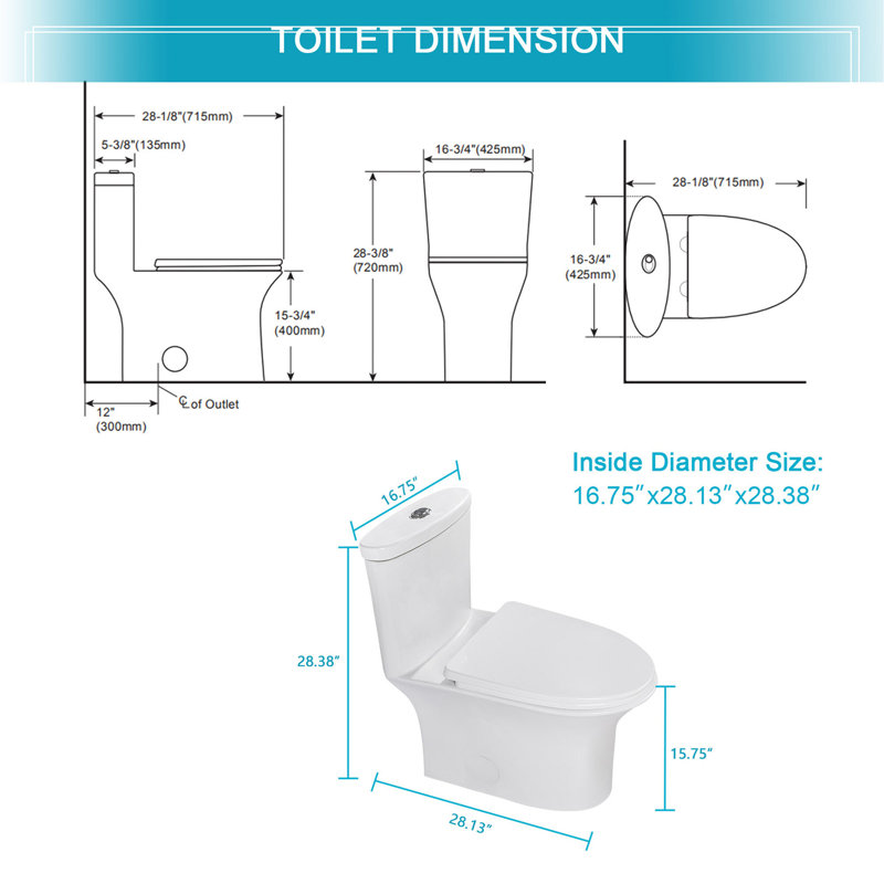 Toilette en céramique une pièce, double chasse avec siège à fermeture en douceur