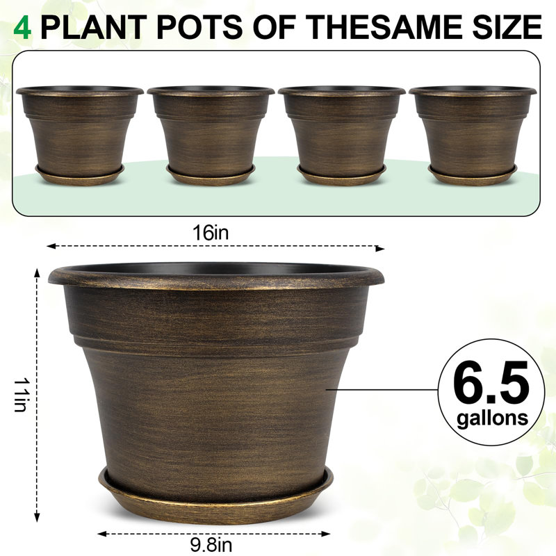 Plastic Flower Plant Pots Set of 4, Gold, 11" H x 16" W x 16" D