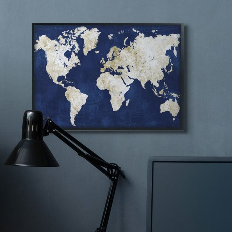 Carte du monde marine et or délavé par Alicia Vidal - impression d'art graphique, H 30 po x l 24 po