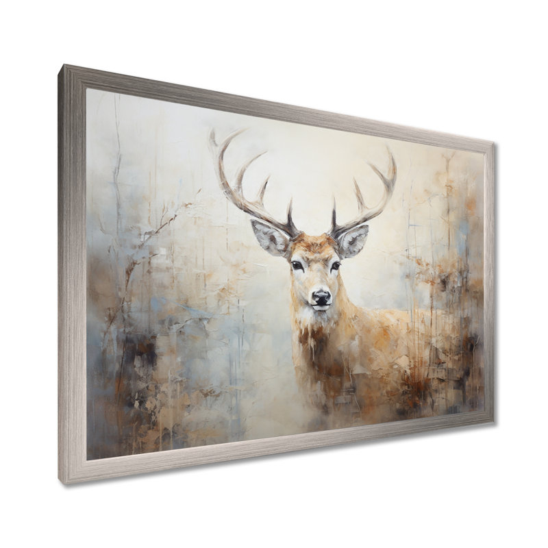 Minimalisme beige, portrait de cerf IV - impression sur toile encadrée de cerf, H 34 po x l 44 po x P 1,5 po, Cadre argenté
