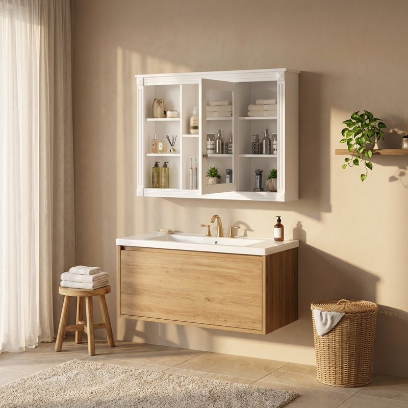 Armoire de rangement murale à miroir pour salle de bain avec tablettes réglables et barre à serviettes