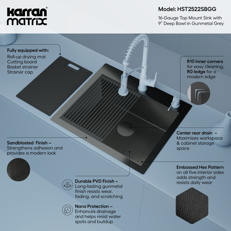Karran Matrix 25" Top Mount Workstation 16 Gauge Single Bowl Stainless Steel Kitchen Sink in Gunmetal Grey with Accessories