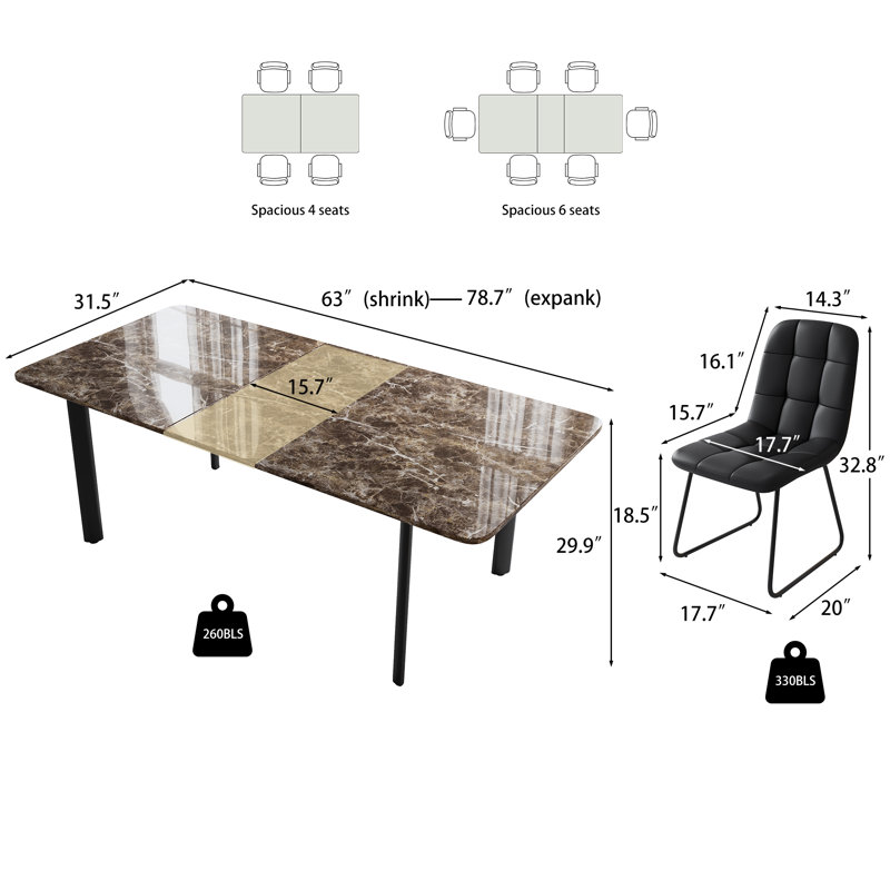 7 Piece Mdf Dining Table Set, Extendable Rectangular Table , Modern Kitchen Dining Table Set, Dining Table With 6 Dining Chairs