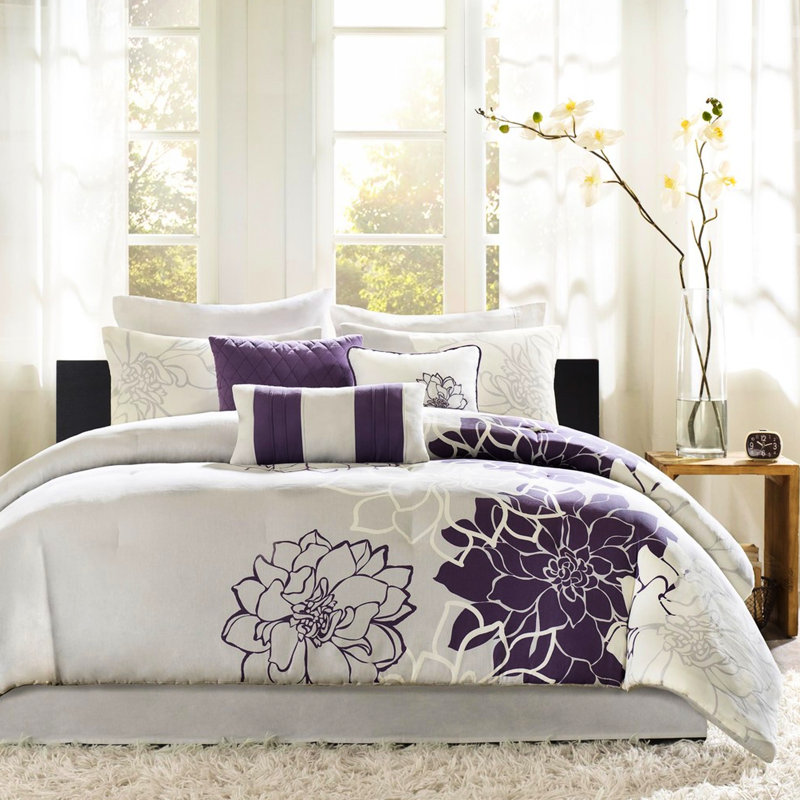 Literie Queen Size - Coton imprimé taupe/gris/violet 100 %, Coussins décoratifs