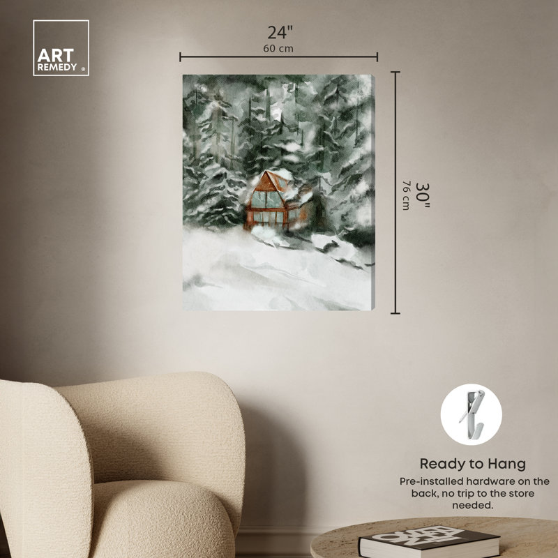 Winter Cabin in Snowy Forest Landscape Canvas Wall Art, 24" x 30"