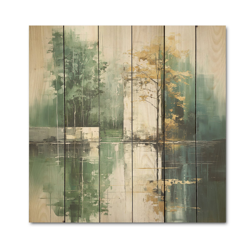«Green and White Forest Echoes I», art mural en bois sur bois de pin naturel, H 15 po x l 15 po