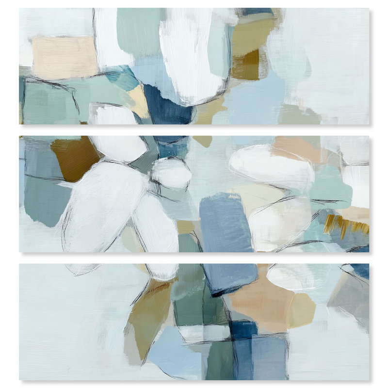 Ensemble de décoration murale sur toile « Horizon turquoise » couleur sauge par Art Remedy, châssis entoilé, 48 x 16 pouces