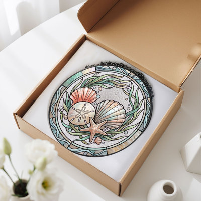 Seashell Starfish Stained Glass Window Panel，12"H