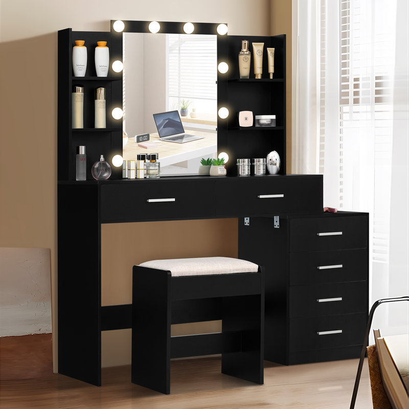 Grand ensemble de coiffeuse avec miroir et 6 tiroirs pour cadeau de Noël, Noir