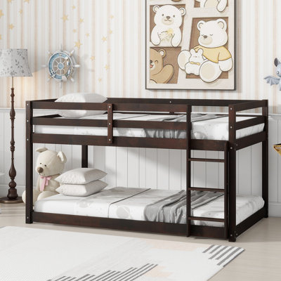 Solid Wooden Twin over Twin Floor Bunk Bed with Ladder, Strengthened Slats, for Versatile Use