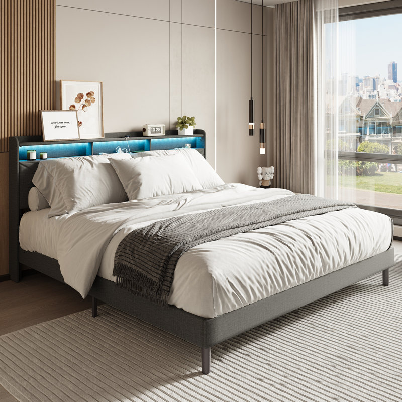 Modern Upholstered Platform Bed Frame with LED Light Headboard, Sturdy Metal & Wood Slat Support – Twin/Full/Queen Size, Dark Gray Fabric