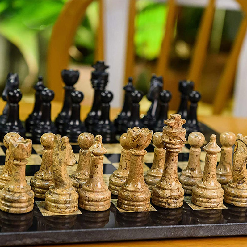 RADICALn Handmade 12'' L Stone Chess Game Set, Black/Coral