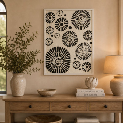 Wren Wall Art with Abstract Patterns, White Frame, Natural Fiber 32 Inch