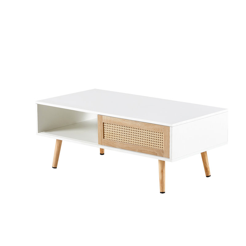 Table basse moderne tissée blanche avec pieds en bois massif pour porte de salon 41,18 ", pieds, fonctionnalité, Blanc