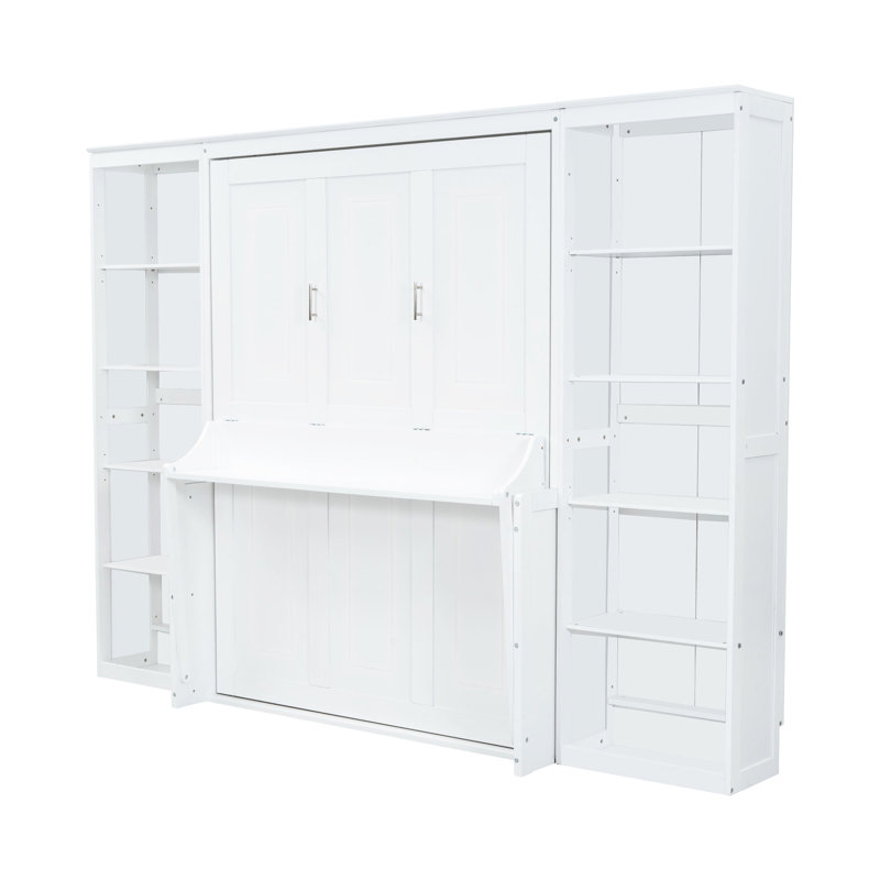 Lit double avec bureau et bibliothèque en blanc - Robuste et robuste, Lit double