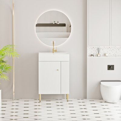 Meuble-lavabo de 21,6 po avec lavabo en céramique, tablette ouverte à droite, 24Vb06-21Whr Scratch, surface de rangement imperméable blanche