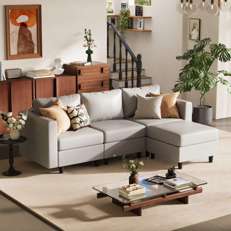 Caynemore 4-Piece 91.5'' Reversible Modern L-Shape Sectional Sofa With Storage Seat- Faux Leather-Light Gray