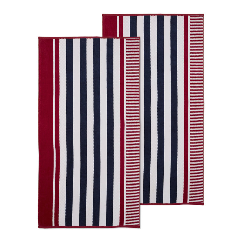 Serviette de plage 100% coton rayée Gilus, Rouge / Bleu