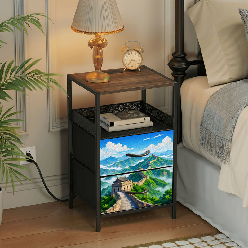 Table de chevet 2 tiroirs avec station de charge, table de chevet pour chambre avec ports USB et amp; Outlets, tablette ouverte noire, table de chevet avec impression de ciel bleu Great Hills