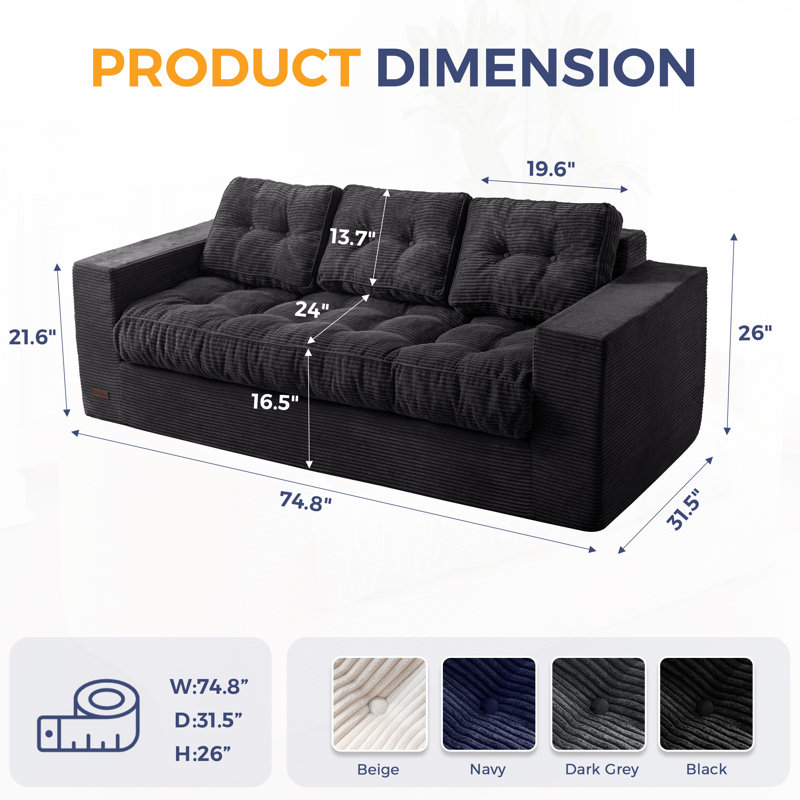 Boneless 3 Seater Couch For Living Room, Boneless Couch With Tufted Cushion & Backrest, Upholstered Floor Sofa With Armrests