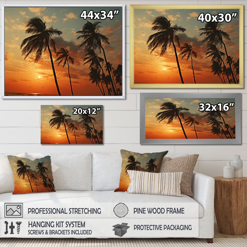 «Tropical Elegance Breeze Sunset» sur toile, Cadre photo blanc, H 34 po x l 44 po x P 1,5 po