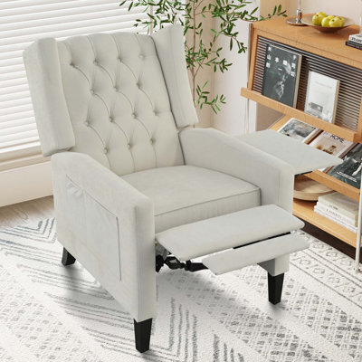 Fauteuil inclinable moderne et confortable à dossier réglable par simple pression manuelle, avec tablette latérale pliable et ports de chargement USB, idéal pour le salon, la chambre, la chambre d'étudiant ou le bureau.