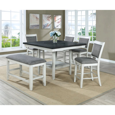 Chaise de salle à manger de style 2 pièces à hauteur de comptoir - Revêtement en lin blanc et gris, bois massif et repose-pieds de 2 pieds
