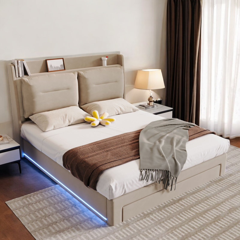 Cheveyo Upholstered Ottoman Bed With 2-in-1 Storage Drawers, Beige, Double