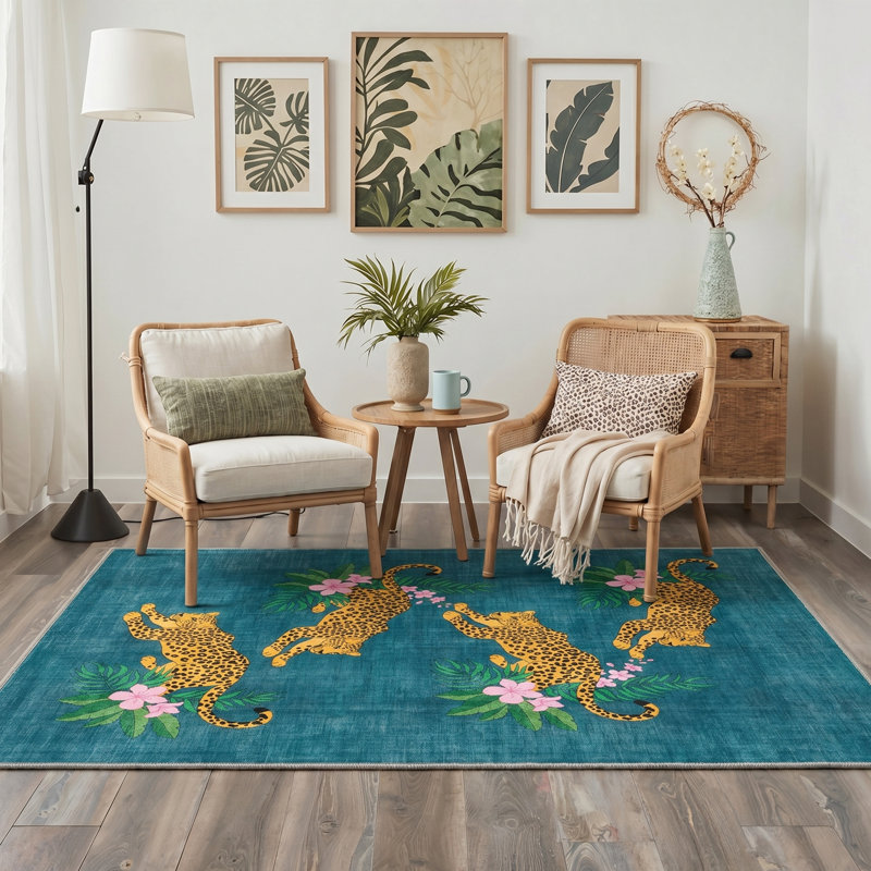 Abraham Tropique Tropical Machine Washable Blue / Green Indoor Area Rug with Non-Slip Backing, Rectangle 6' x 9'
