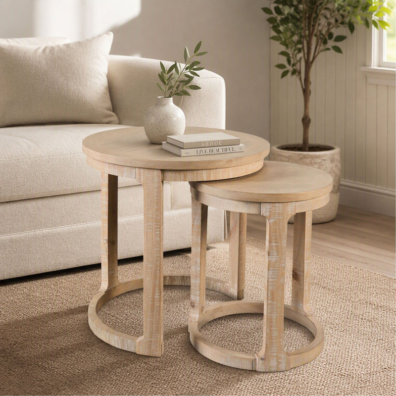 Table de bout - Plateau rond - Tablette inférieure intégrée - Finition naturelle - Style transitionnel