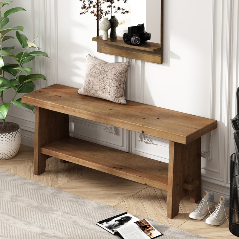 Banc en bois de 43,3 po de largeur avec tablette de rangement et conception Tenon, H 17,9 po x l 43,3 po x P 11,8 po 