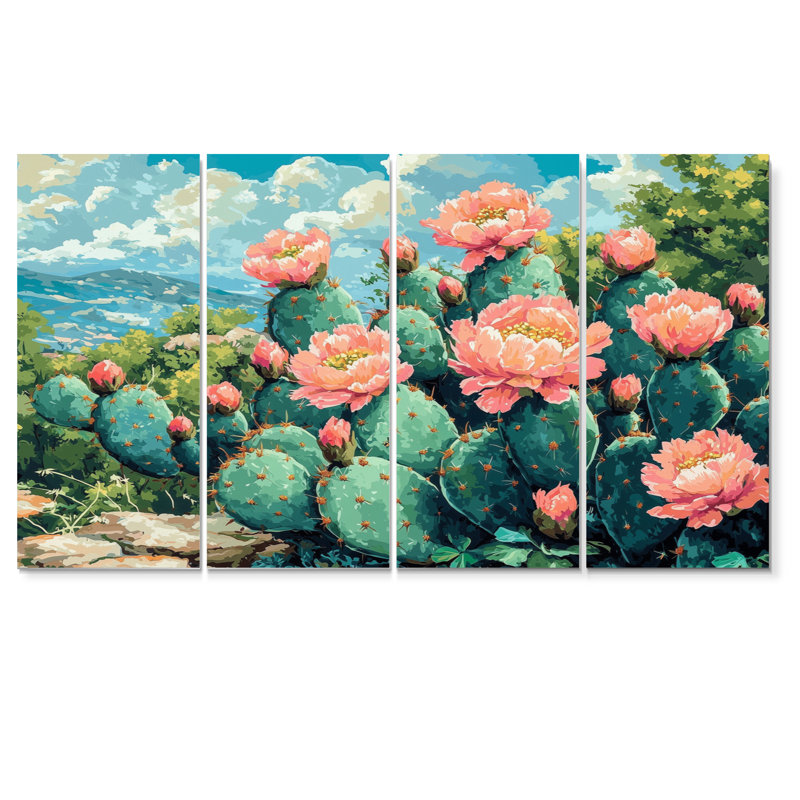 Cactus jardin en fleurs II - Art mural floral de cactus - Art mural traditionnel pour le salon, H 32 po x l 64 po, 4